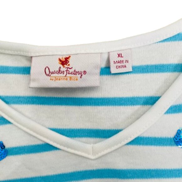 Quacker Factory Sequin Beach Umbrella Striped Top Size XL White/Blue Worn Once - Picture 5 of 9